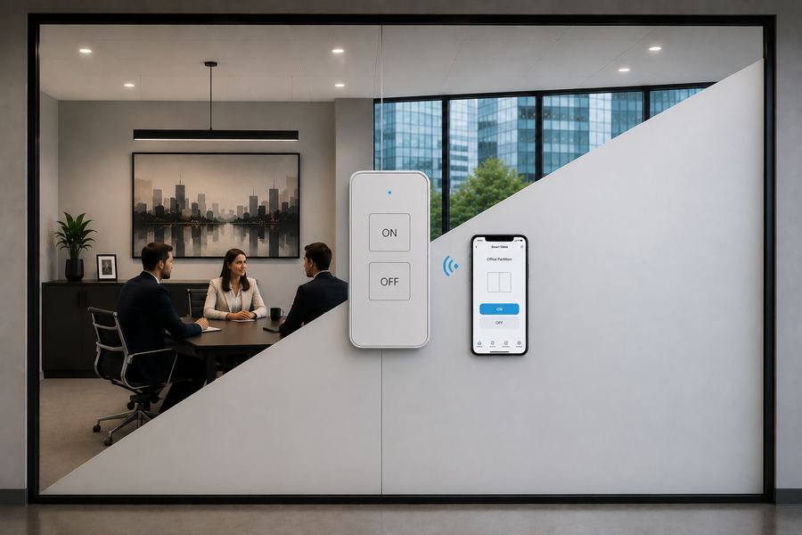 Illustration of switchable smart film on an office conference room partition, shown in transparent and private modes