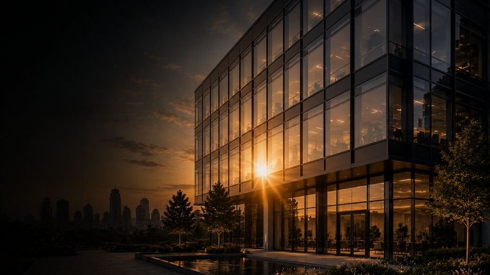 Sunlit glass frontage of a Los Angeles building at dusk